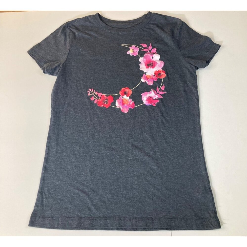 Girls Aeropostale Classic Crew Moon Flowers Tee Shirt Short Sleeve L Gray Pink